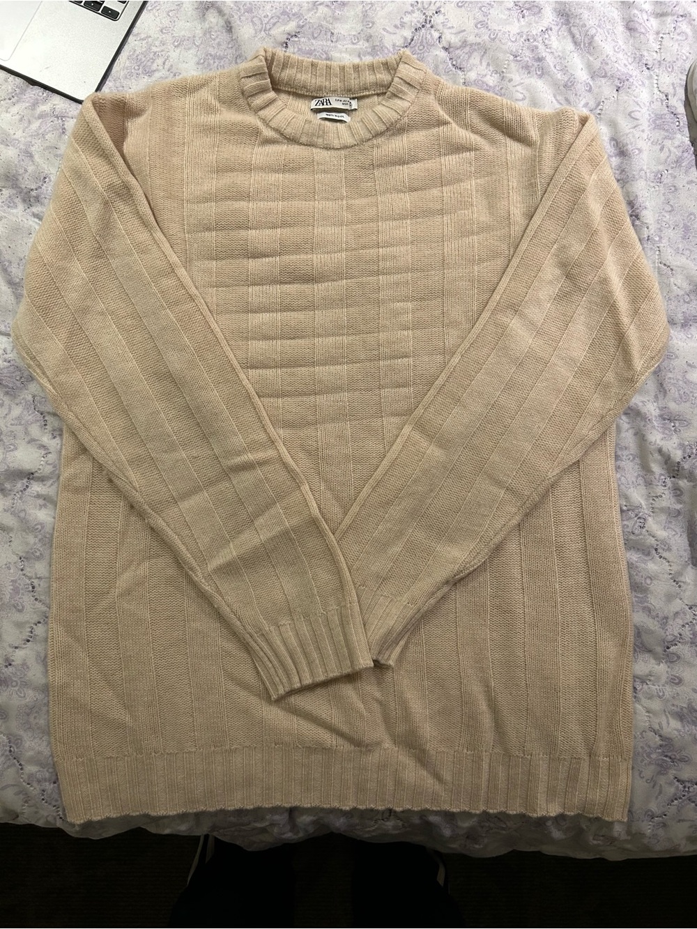 Zara Men Beige Crewneck Ribbed Knit Sweater